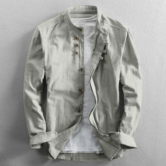 Men’s Retro Stand Collar Shirt – Casual Long Sleeve Cotton Blend Jacket