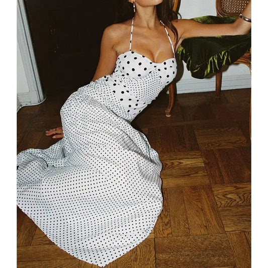 Marguerite halter maxi dress white polka
