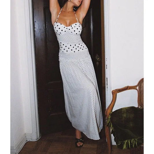 Marguerite halter maxi dress white polka