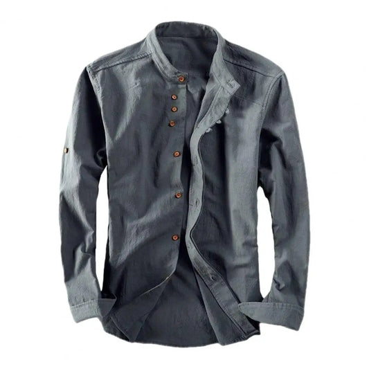 Men’s Retro Stand Collar Shirt – Casual Long Sleeve Cotton Blend Jacket